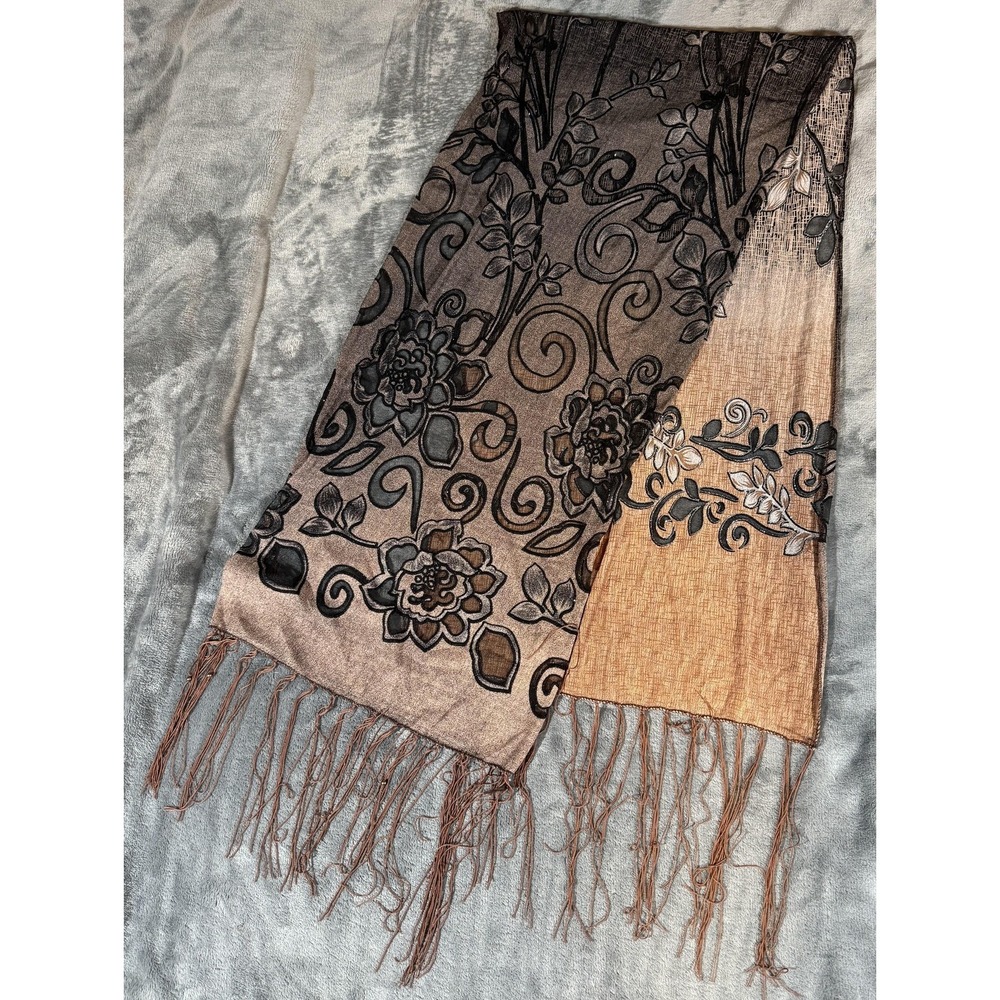 Floral Pashmina Scarf Womens One Size Brown Ombre Beaded Fringe Wrap Shawl